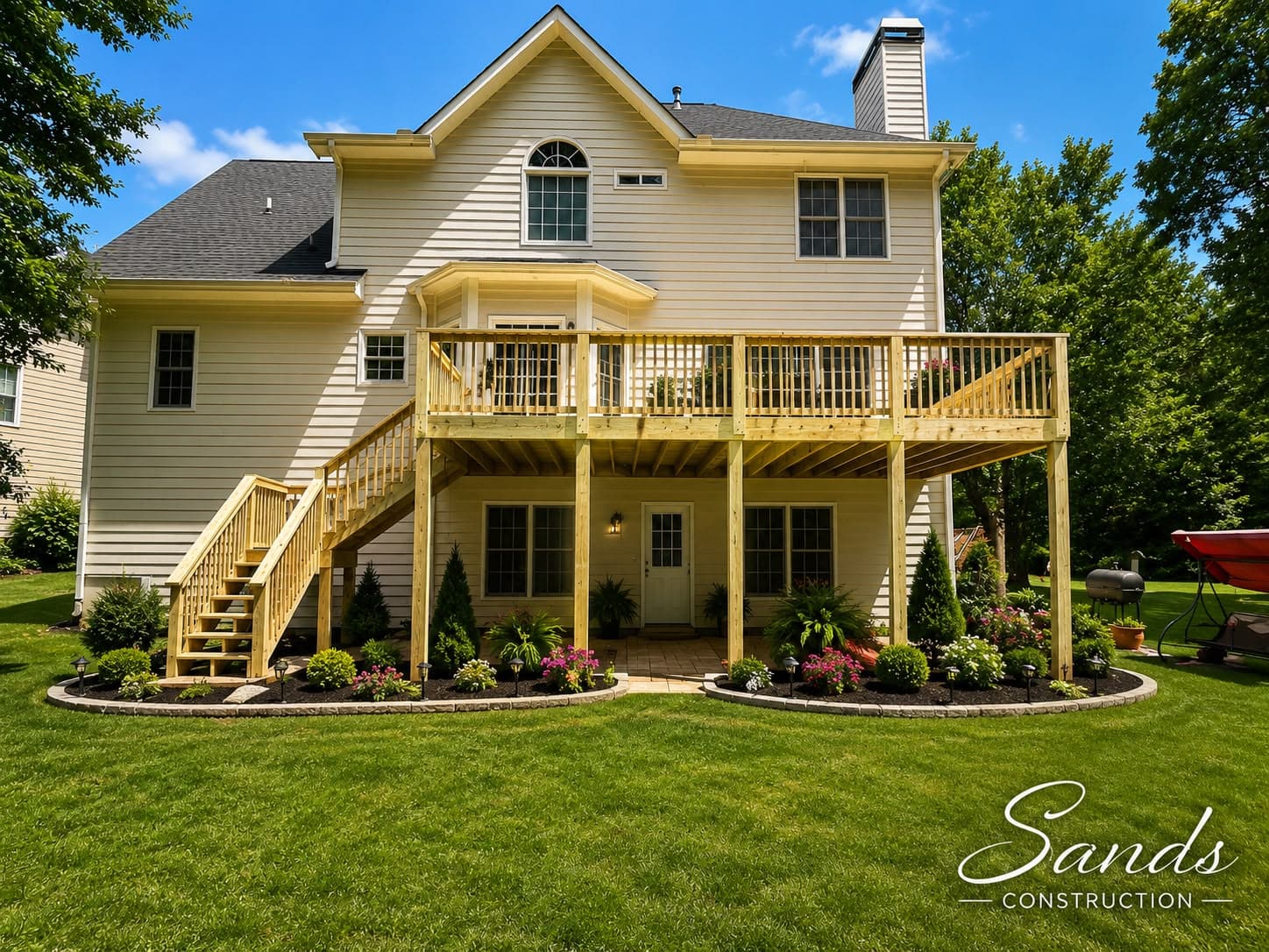 New elevated wood deck and staircase across the rear of a two-story home