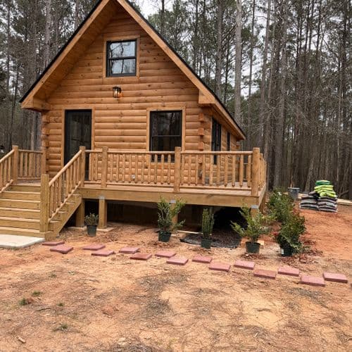Front entry and deck stairs of the cabin