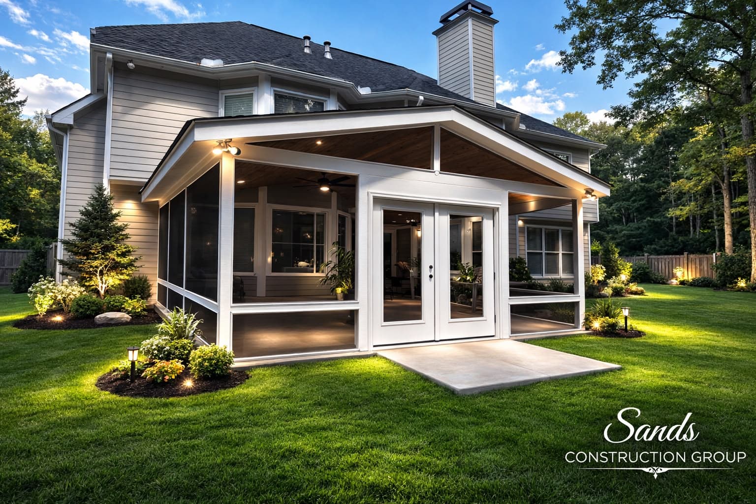 Screened backyard porch addition with white framing and landscaped lawn